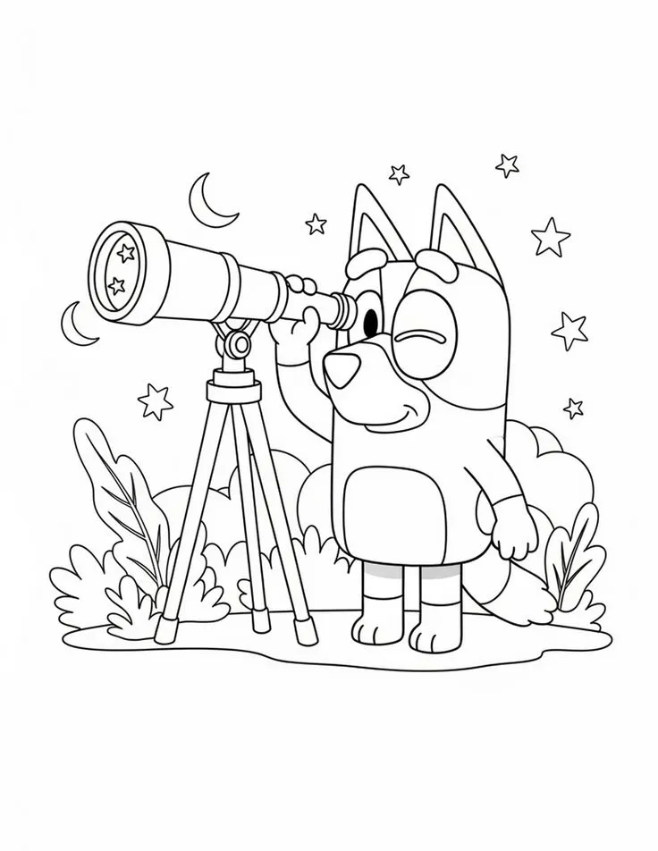 Bluey Mirando las Estrellas con Telescopio para colorear - Bluey