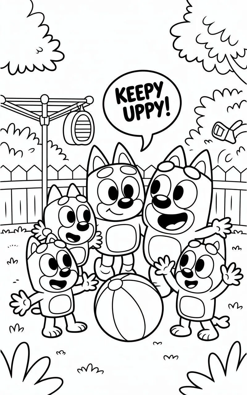 Ver dibujo completo de Bluey y sus Amigos Jugando a Keepy Uppy para colorear Bluey y sus Amigos Jugando a Keepy Uppy para colorear - Dibujo de Bluey para imprimir gratis