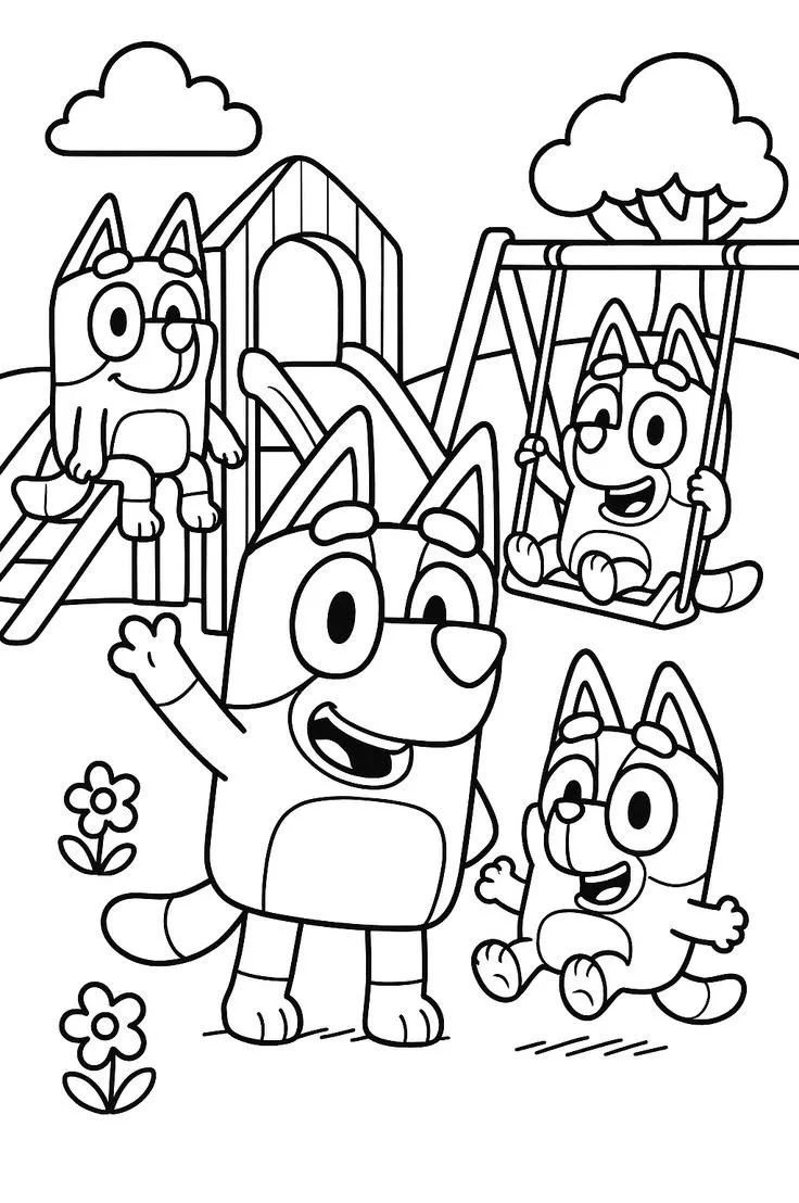 Ver dibujo completo de Bluey y sus Amigos en el Parque Infantil para colorear Bluey y sus Amigos en el Parque Infantil para colorear - Dibujo de Bluey para imprimir gratis