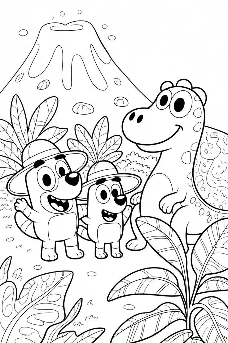 Ver dibujo completo de Bluey y Bingo en una Aventura de Dinosaurios para colorear Bluey y Bingo en una Aventura de Dinosaurios para colorear - Dibujo de Bluey para imprimir gratis