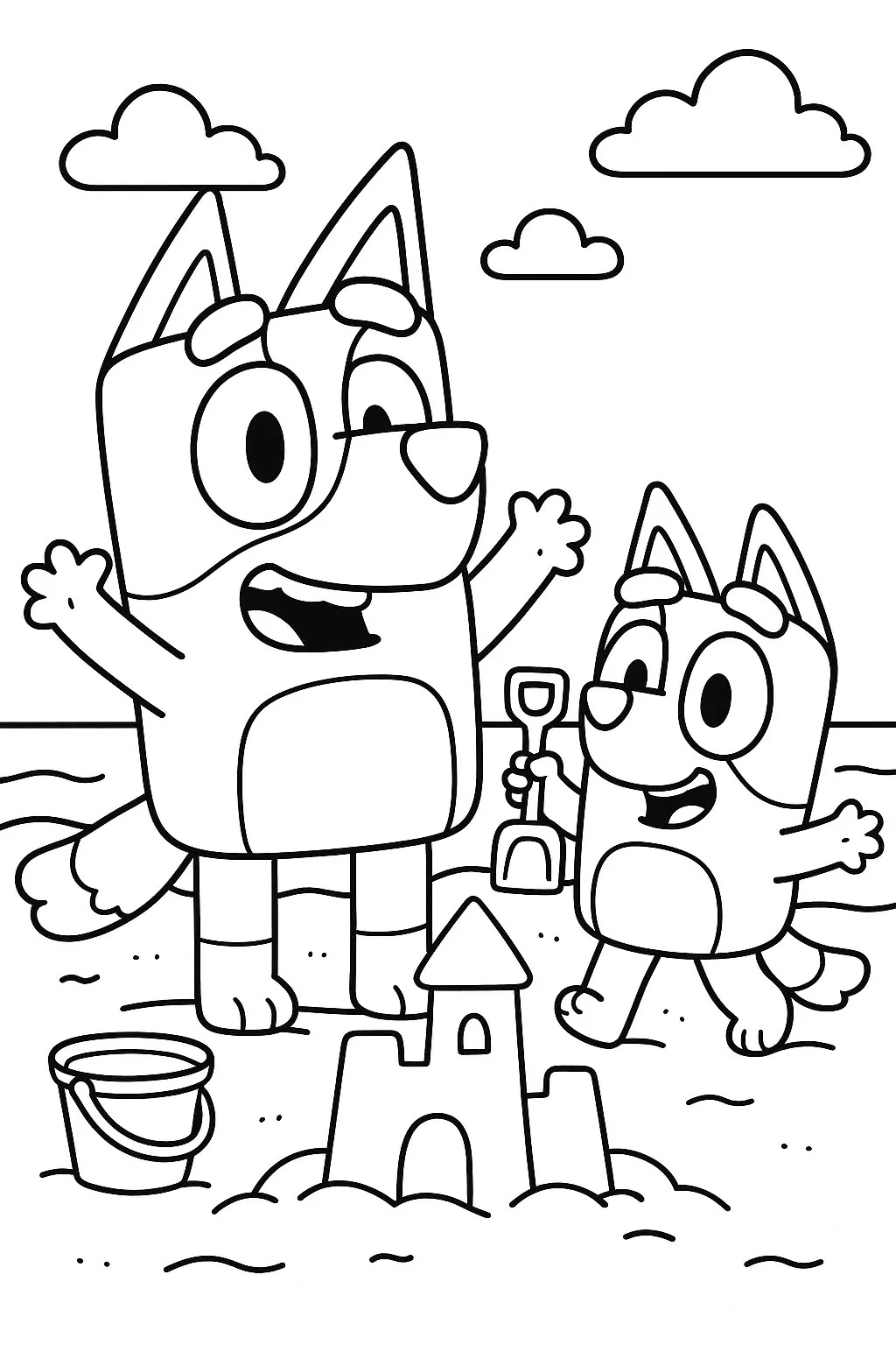 Bluey y Bingo Haciendo un Castillo de Arena en la Playa para colorear HD fácil y bonito - Descarga e imprime gratis - Dibujo exclusivo de Bluey