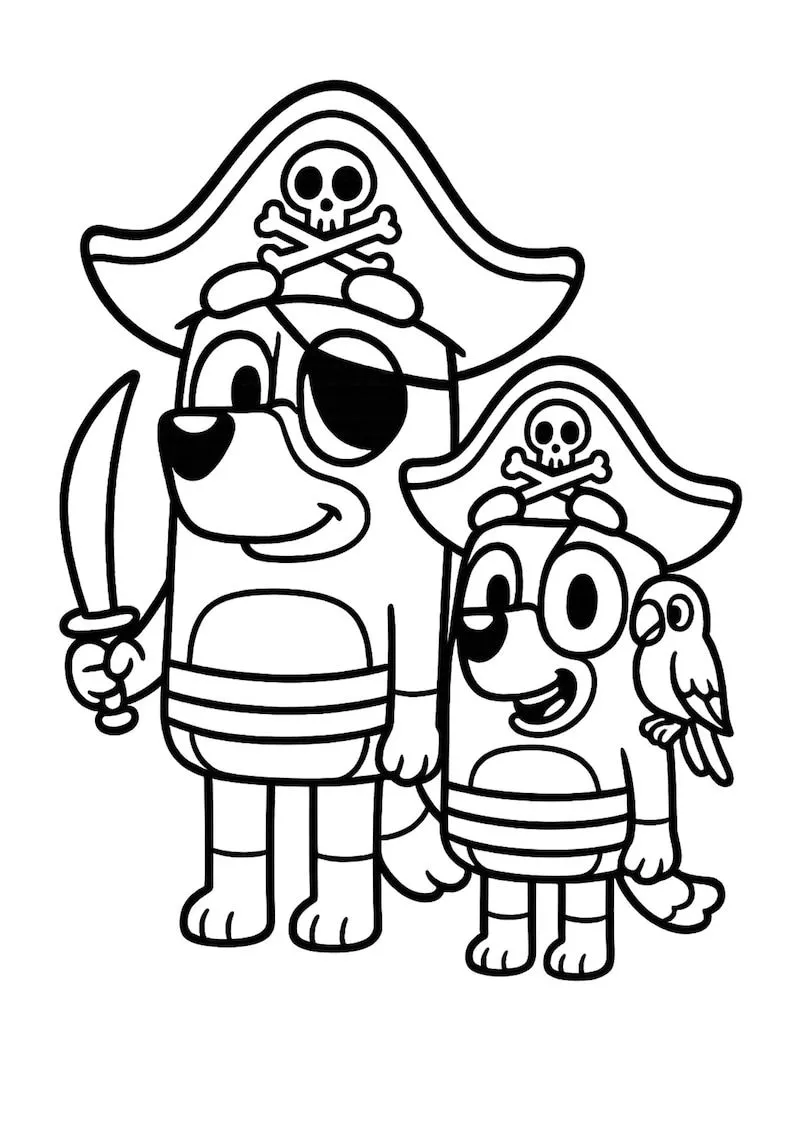 Ver dibujo completo de Bluey y Bingo Disfrazadas de Piratas para colorear Bluey y Bingo Disfrazadas de Piratas para colorear - Dibujo de Bluey para imprimir gratis