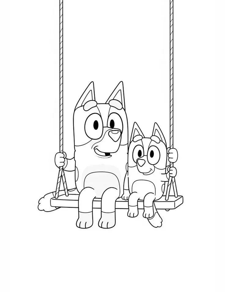 Ver dibujo completo de Bluey y Bingo en el Columpio para colorear Bluey y Bingo en el Columpio para colorear - Dibujo de Bluey para imprimir gratis