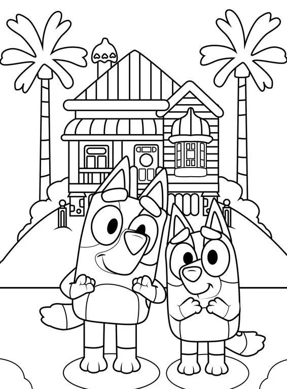 Ver dibujo completo de Bluey y Bingo Frente a su Casa para colorear Bluey y Bingo Frente a su Casa para colorear - Dibujo de Bluey para imprimir gratis