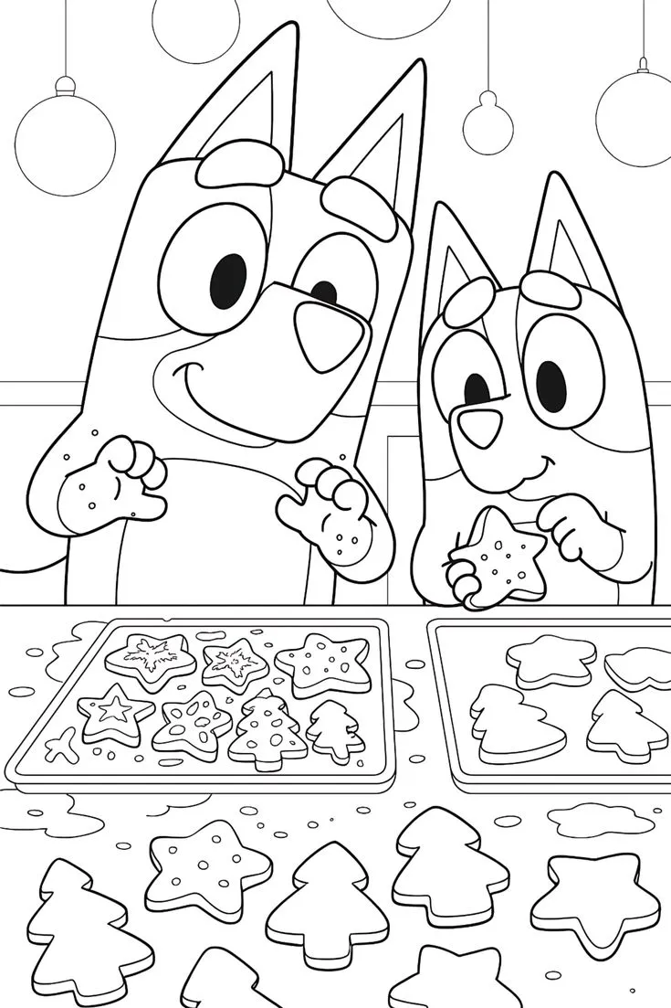 Ver dibujo completo de Bluey y Bingo Decorando Galletas de Navidad para colorear Bluey y Bingo Decorando Galletas de Navidad para colorear - Dibujo de Bluey para imprimir gratis