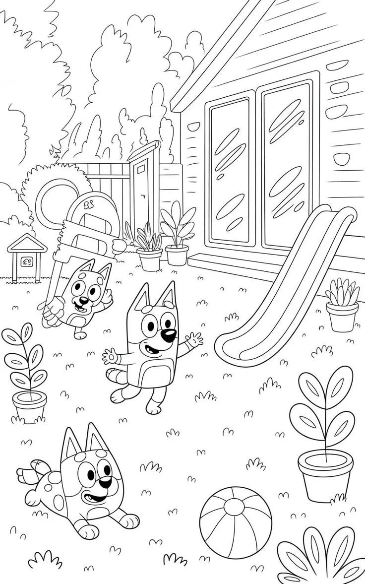 Ver dibujo completo de Bluey y Bingo Jugando en el Jardín de Casa para colorear Bluey y Bingo Jugando en el Jardín de Casa para colorear - Dibujo de Bluey para imprimir gratis