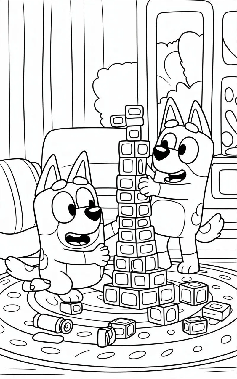 Ver dibujo completo de Bluey y Bingo Construyendo una Torre de Bloques para colorear Bluey y Bingo Construyendo una Torre de Bloques para colorear - Dibujo de Bluey para imprimir gratis