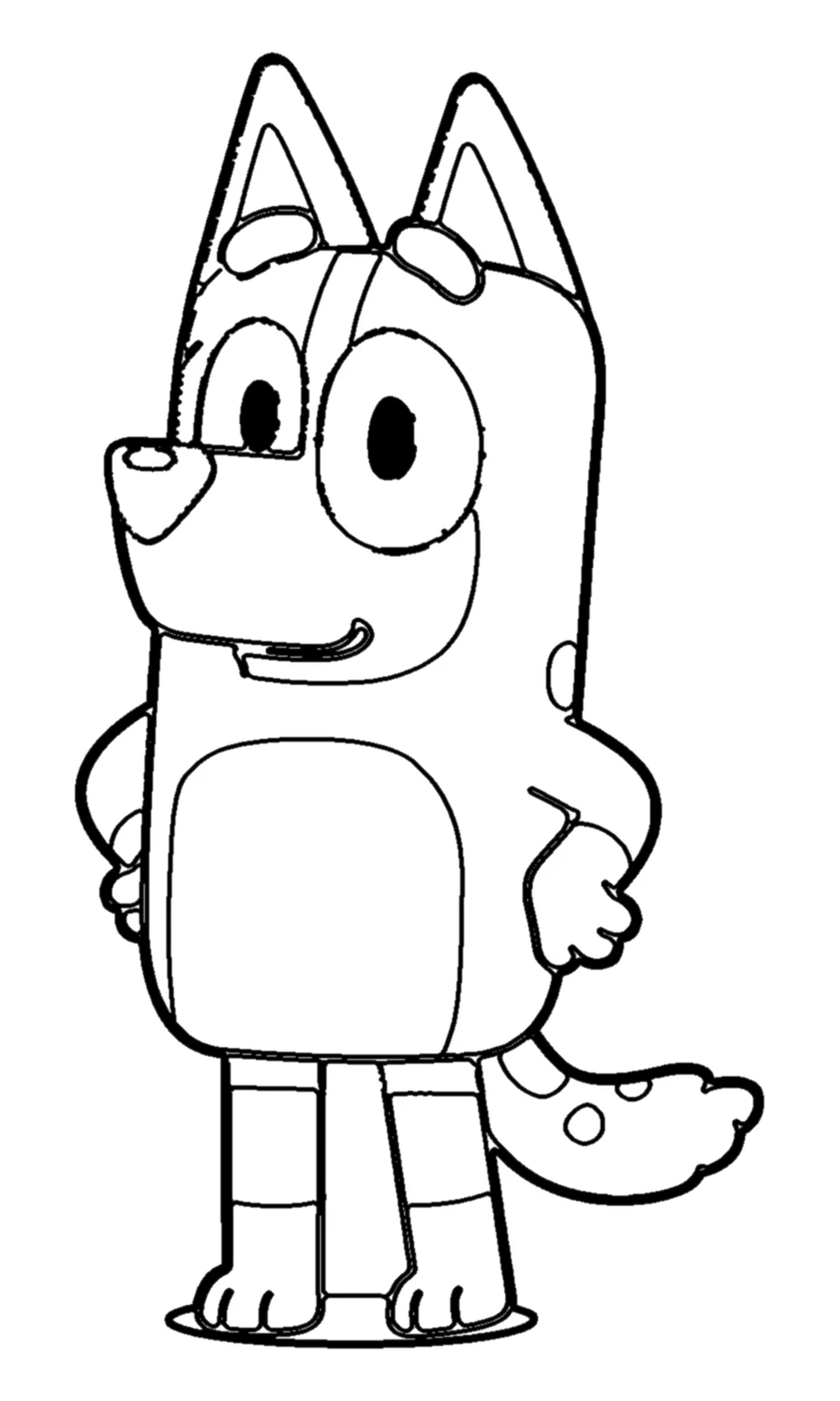 Chilli, la Mamá de Bluey, con las Manos en la Cintura para colorear e imprimir Chilli, la Mamá de Bluey, con las Manos en la Cintura para colorear: Chilli está de pie, de tres cuartos y con las dos manos apoyadas en la cintura, como esperando a que alguien termine de jugar