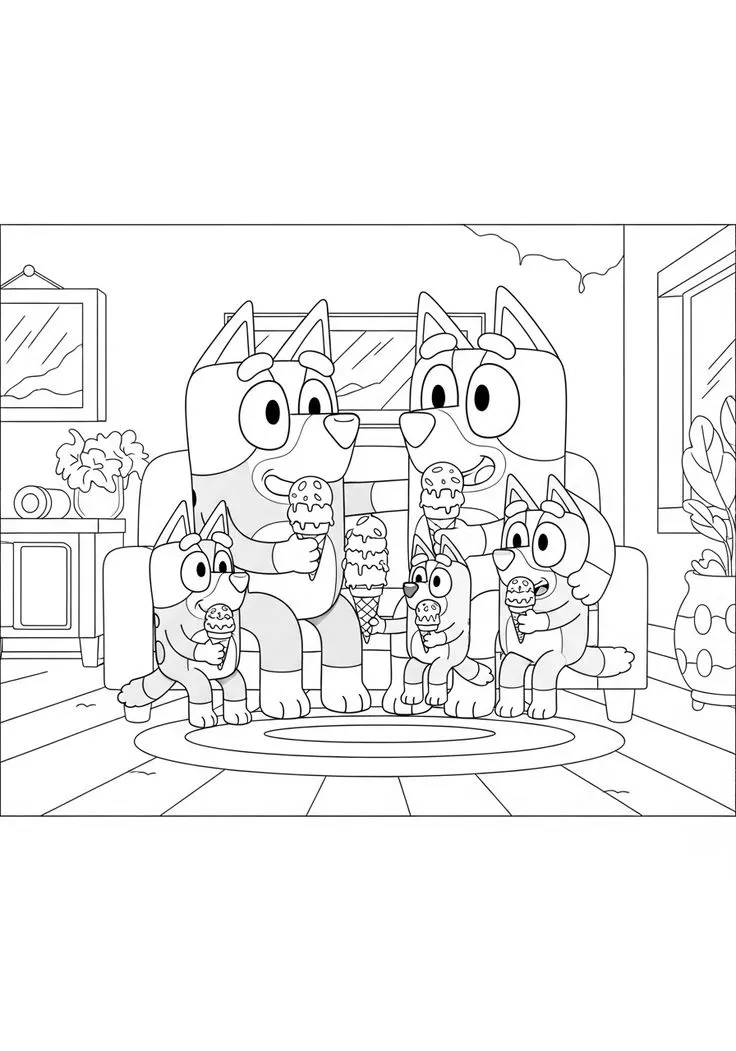 Ver dibujo completo de La Familia Heeler Comiendo Helados en el Salón para colorear La Familia Heeler Comiendo Helados en el Salón para colorear - Dibujo de Bluey para imprimir gratis