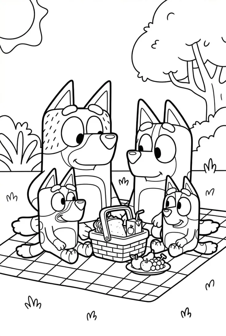 Ver dibujo completo de La Familia Heeler de Pícnic para colorear La Familia Heeler de Pícnic para colorear - Dibujo de Bluey para imprimir gratis