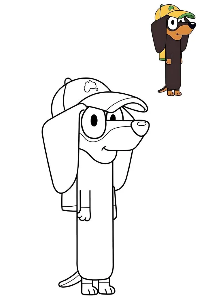 Ver dibujo completo de Snickers el Perro Salchicha con Gorra para colorear Snickers el Perro Salchicha con Gorra para colorear - Dibujo de Bluey para imprimir gratis