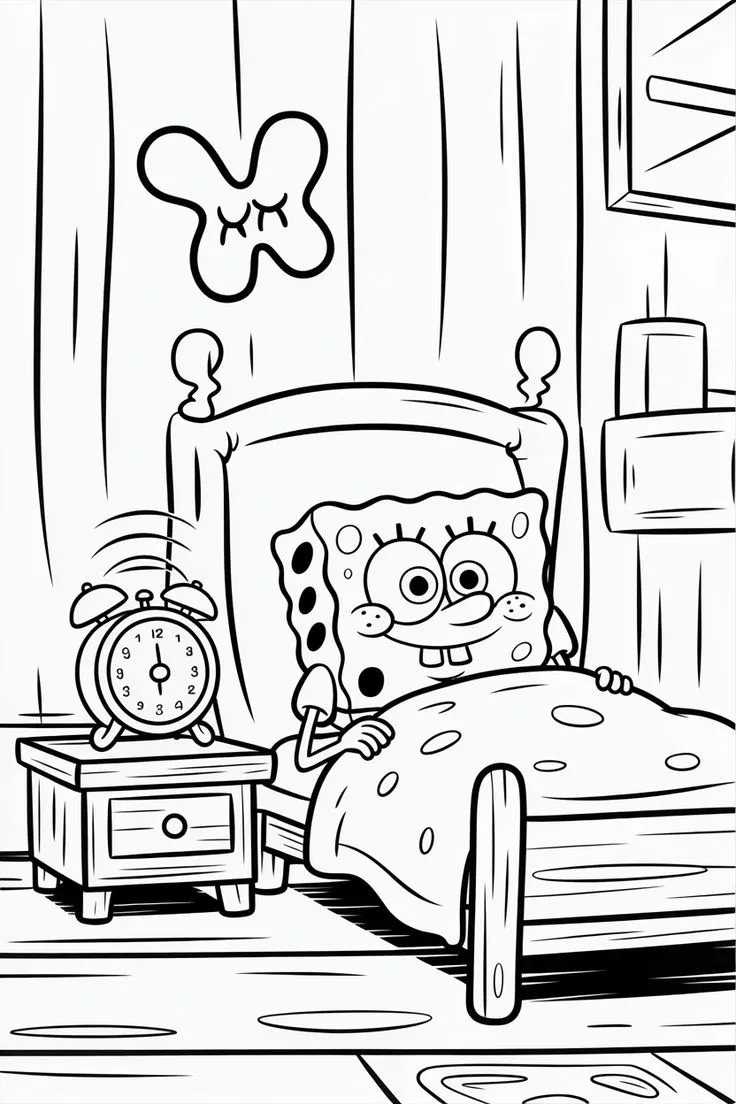 Haz clic para descargar dibujo de Bob Esponja en la Cama con Despertador para colorear e imprimir gratis Bob Esponja en la Cama con Despertador para colorear HD fácil y bonito - Descarga e imprime gratis - Dibujo exclusivo de Bob