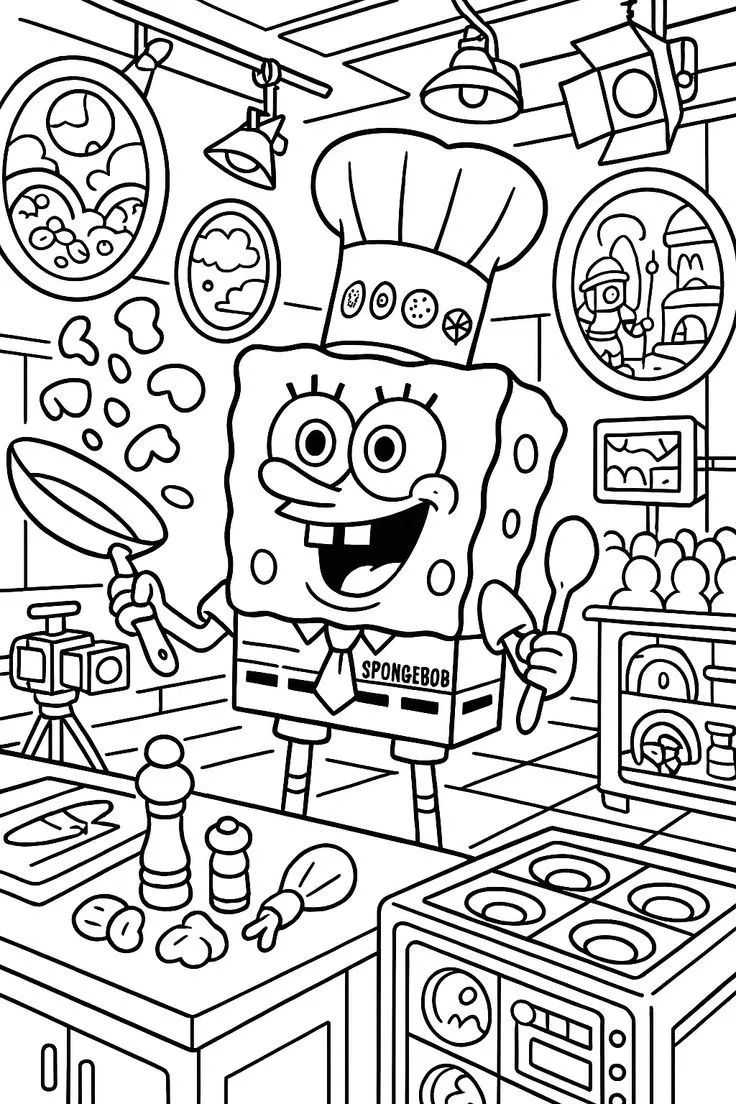 Haz clic para descargar dibujo de Bob Esponja Chef Cocinando para colorear e imprimir gratis Bob Esponja Chef Cocinando para colorear HD fácil y bonito - Descarga e imprime gratis - Dibujo exclusivo de Bob