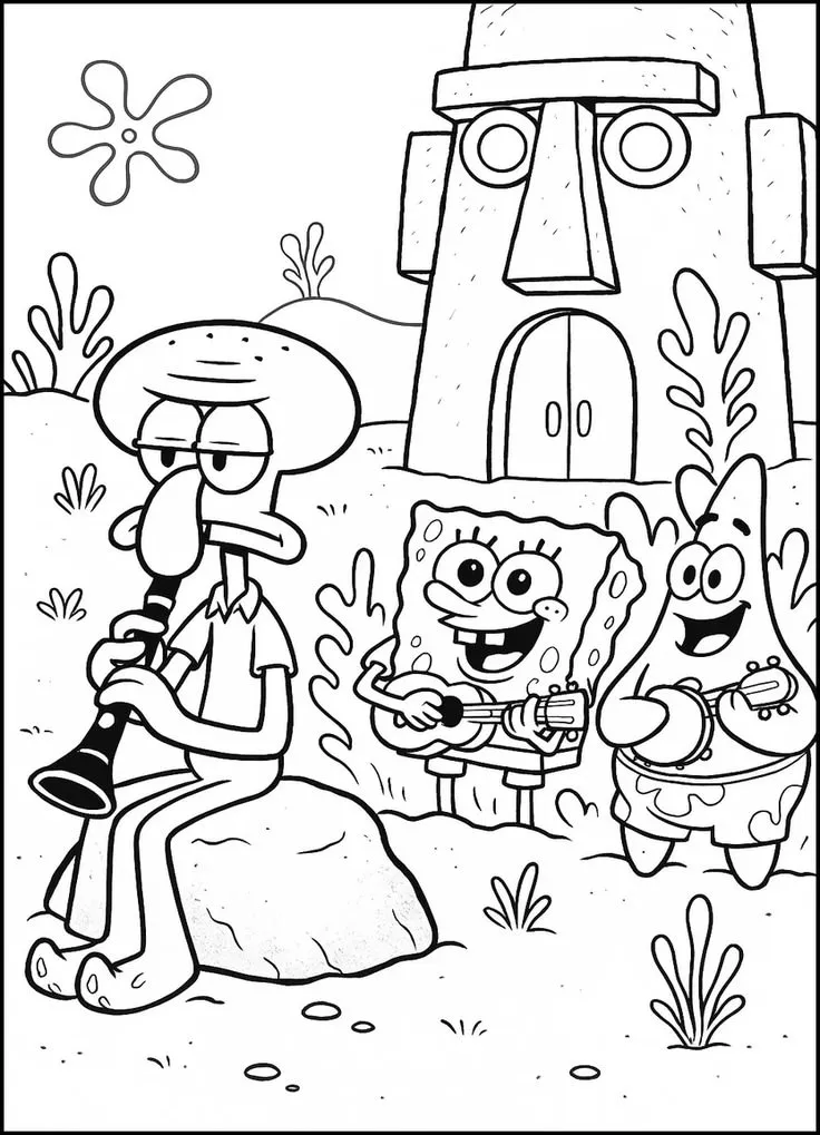 Haz clic para descargar dibujo de Calamardo Clarinete, Bob Esponja Guitarra y Patricio para colorear e imprimir gratis Calamardo Clarinete, Bob Esponja Guitarra y Patricio para colorear HD fácil y bonito - Descarga e imprime gratis - Dibujo exclusivo de Bob