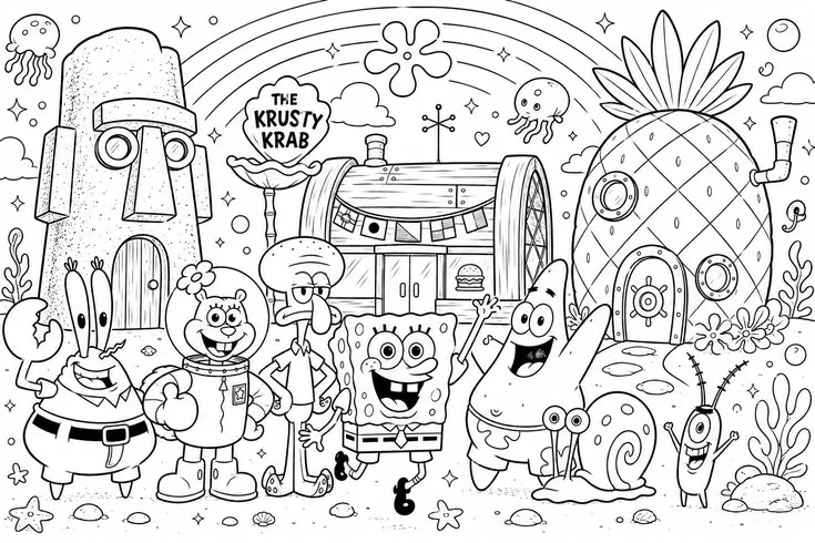 Haz clic para descargar dibujo de Todos los Personajes en el Krusty Krab para colorear e imprimir gratis Todos los Personajes en el Krusty Krab para colorear HD fácil y bonito - Descarga e imprime gratis - Dibujo exclusivo de Bob