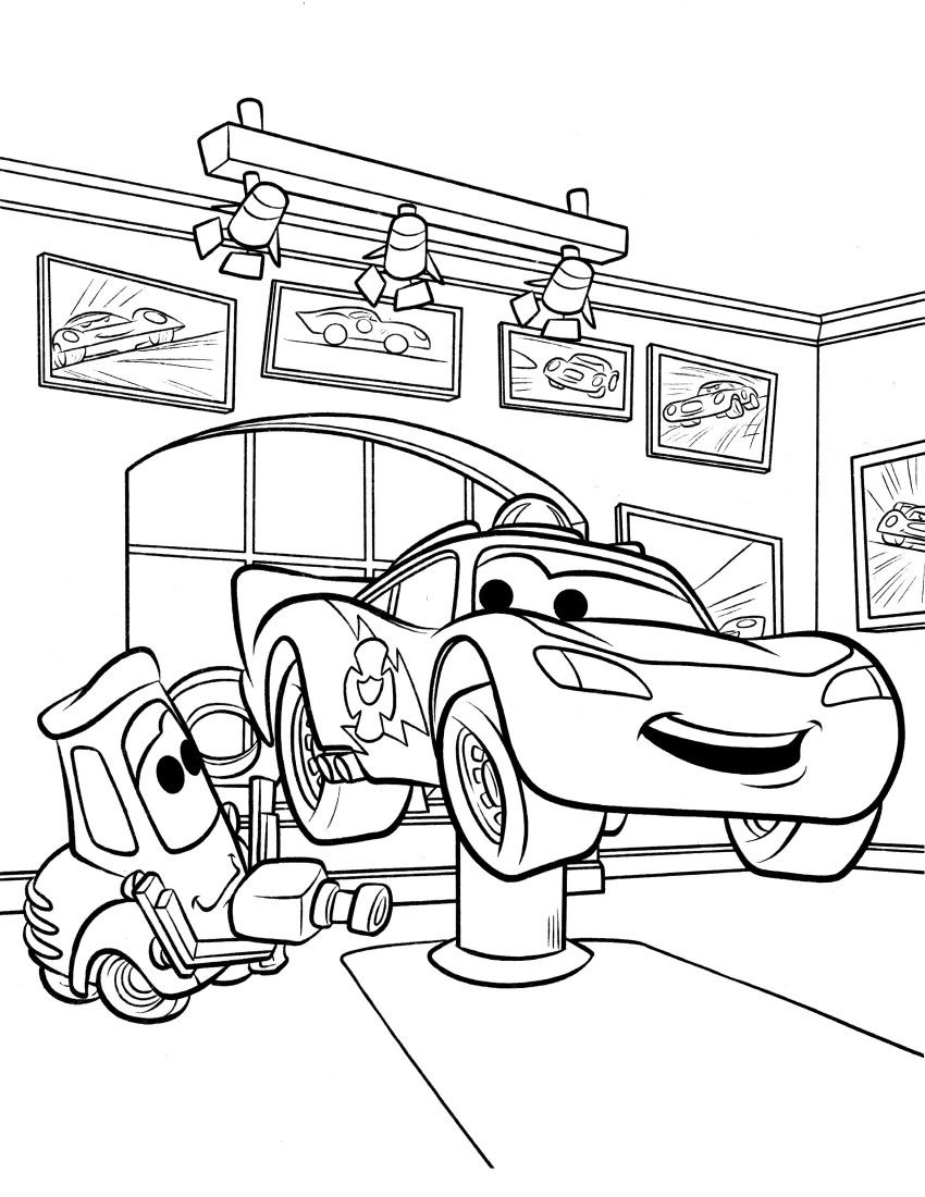Ver dibujo completo de Guido y Rayo en el Garaje para colorear Dibujo de Guido y Rayo en el Garaje para colorear e imprimir gratis - Plantilla en alta calidad