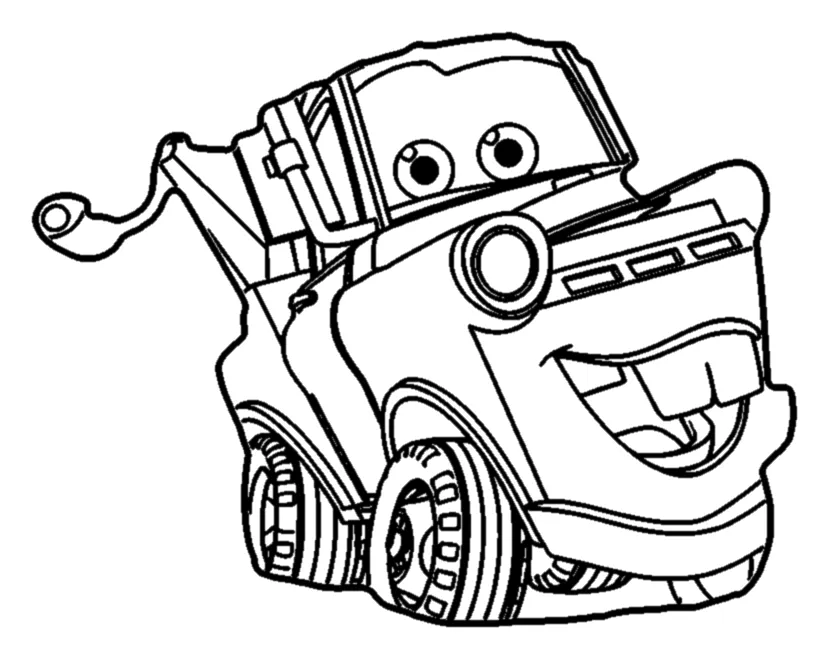 Mate, la Grúa de Cars, Sonriendo con el Gancho para colorear e imprimir Mate, la Grúa de Cars, Sonriendo con el Gancho para colorear - Rayo McQueen y Cars: Mate mira de frente con sus ojos verdes en el parabrisas y la boca muy abierta, enseñando sus dos famosos dientes salidos