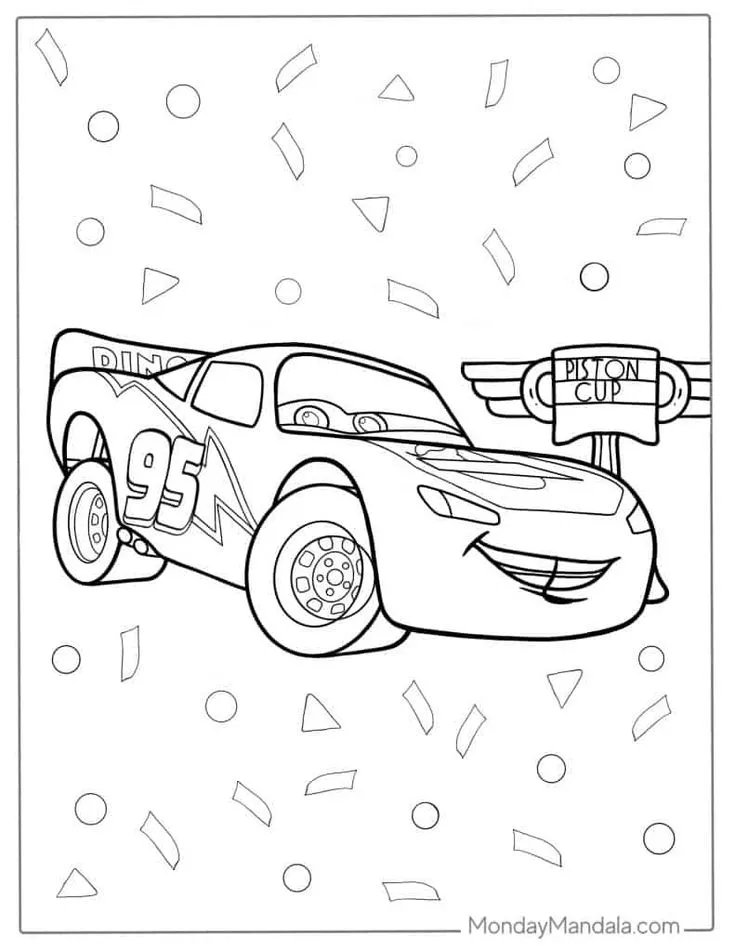 Ver dibujo completo de Rayo y la Copa Pistón para colorear Dibujo de Rayo y la Copa Pistón para colorear e imprimir gratis - Plantilla en alta calidad