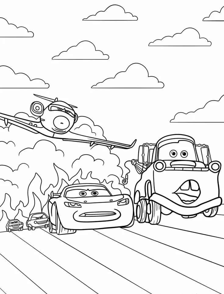 Rayo, Mate y Dusty en Carrera para colorear e imprimir Rayo, Mate y Dusty en Carrera para colorear - Rayo McQueen y Cars