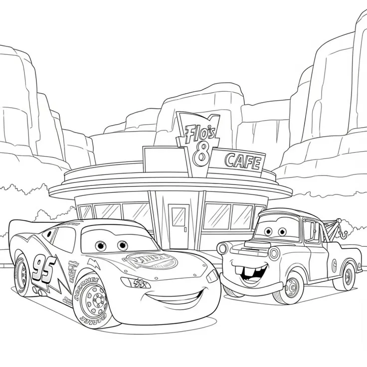Rayo y Mate en Flo's Café para colorear e imprimir Rayo y Mate en Flo's Café para colorear - Rayo McQueen y Cars