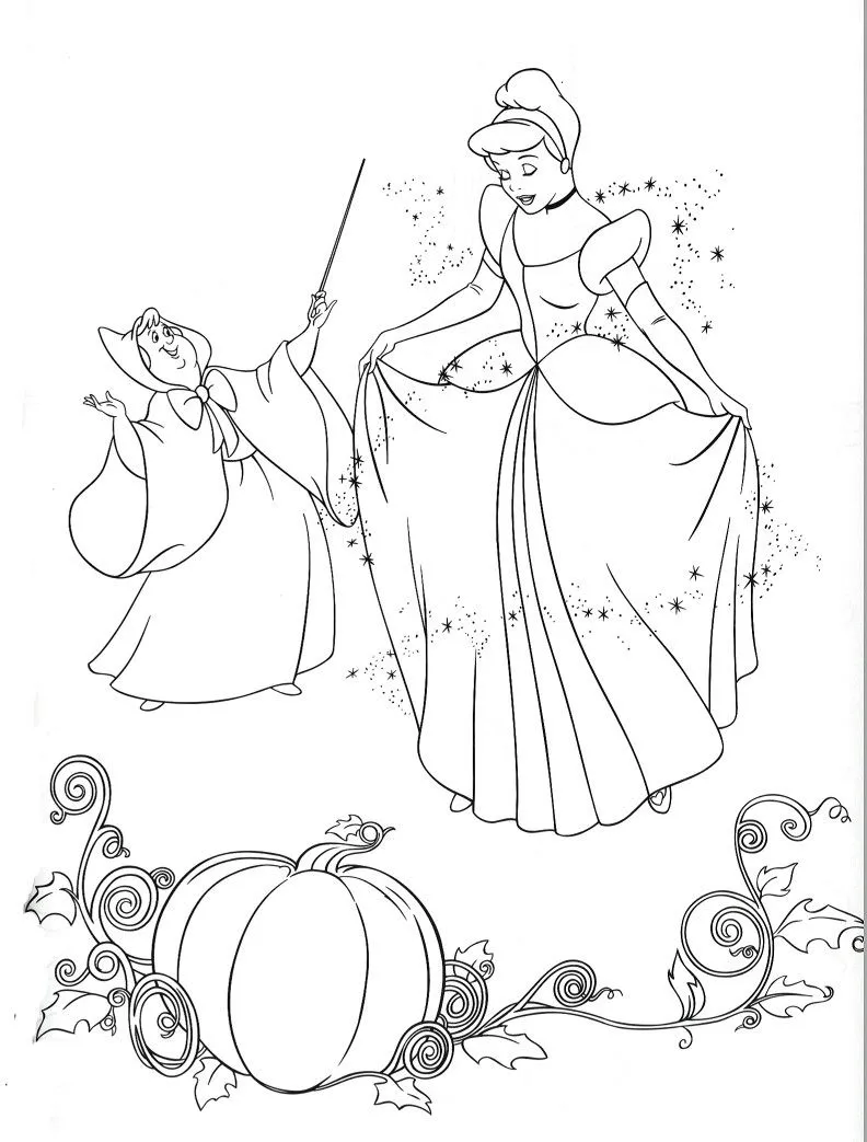 Ver dibujo completo de Cenicienta y el Hada Madrina con Calabaza para colorear Cenicienta y el Hada Madrina con Calabaza para colorear - Dibujo de La Cenicienta para imprimir gratis