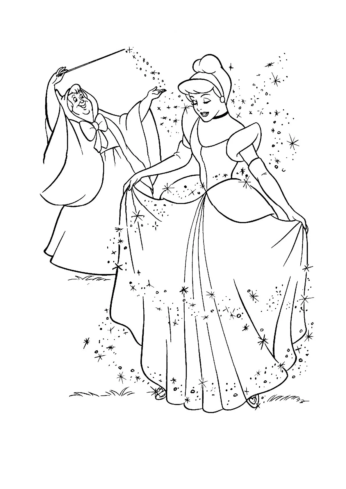 Cenicienta y Hada Madrina para colorear HD fácil y bonito - Descarga e imprime gratis - Dibujo exclusivo de La Cenicienta