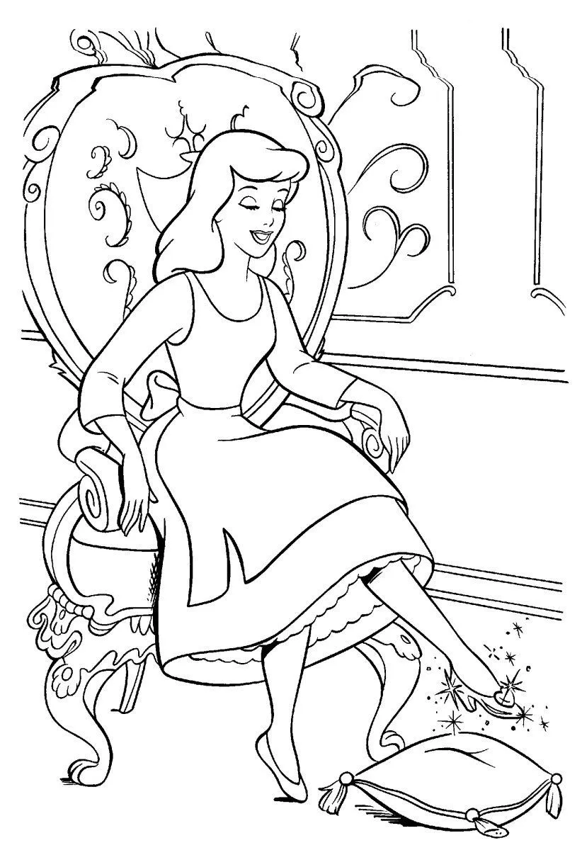 Ver dibujo completo de Cenicienta Probándose el Zapato de Cristal para colorear Cenicienta Probándose el Zapato de Cristal para colorear - Dibujo de La Cenicienta para imprimir gratis