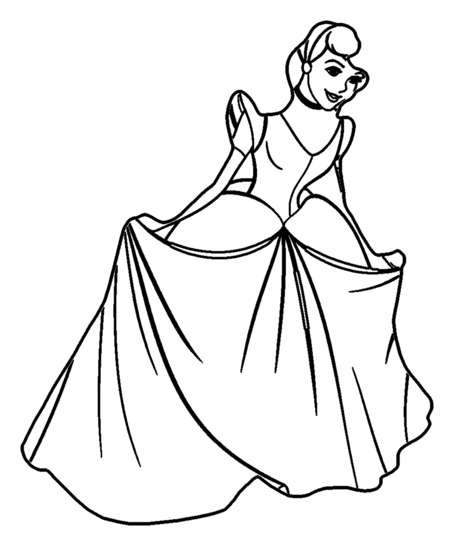 Cenicienta Haciendo una Reverencia con su Vestido de Baile para colorear e imprimir Cenicienta Haciendo una Reverencia con su Vestido de Baile para colorear - La Cenicienta: Cenicienta se coge la falda con las dos manos a la vez que se inclina en una reverencia, mirando hacia abajo con una sonrisa