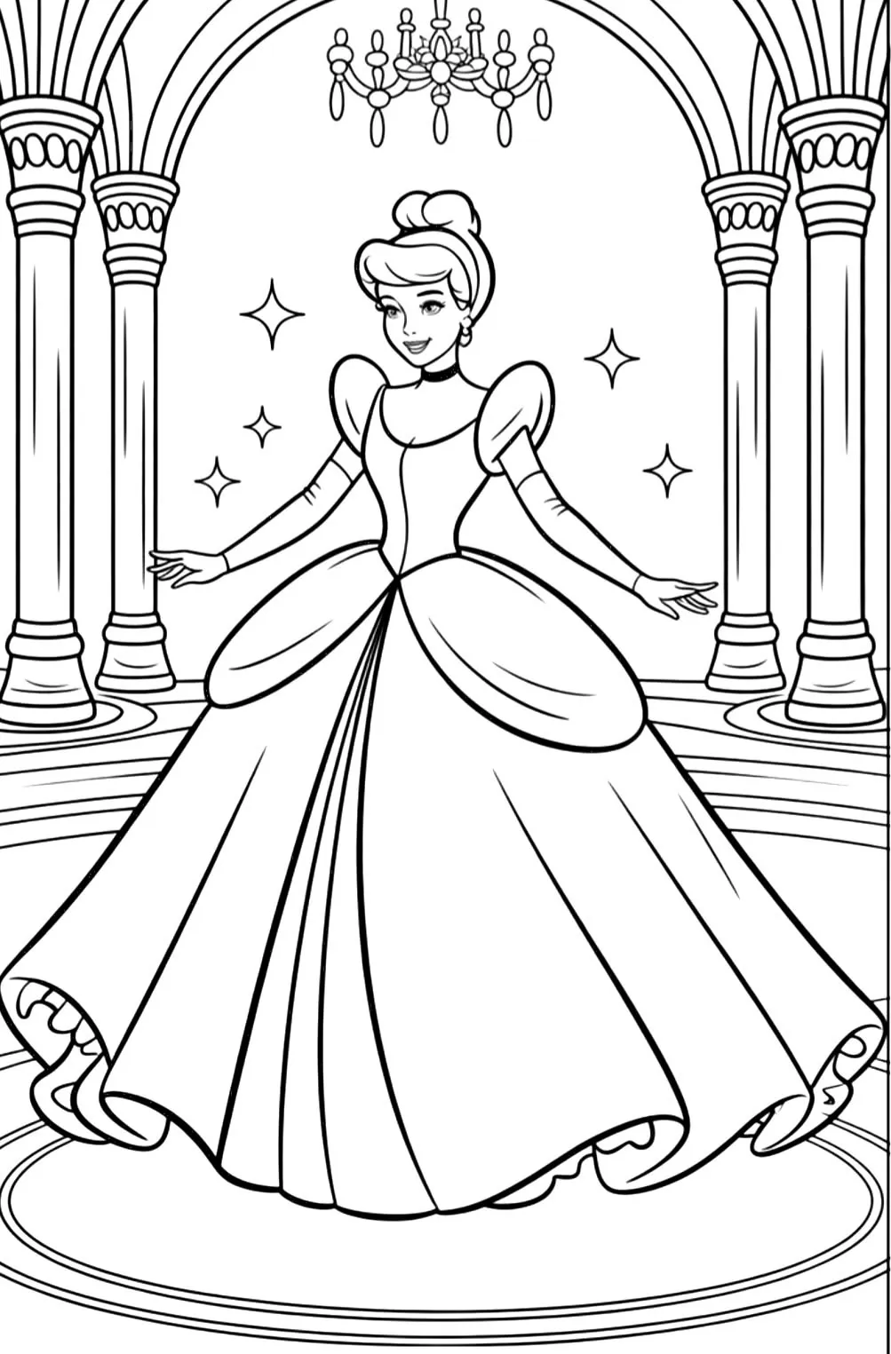 Cenicienta con Vestido de Baile en el Salón para colorear - La Cenicienta