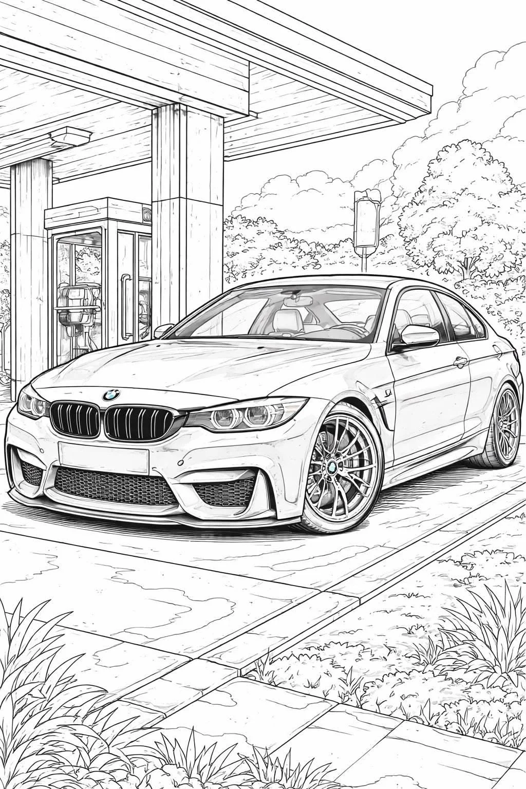 BMW en la Gasolinera para colorear e imprimir Dibujo de BMW en la Gasolinera de Coches para colorear