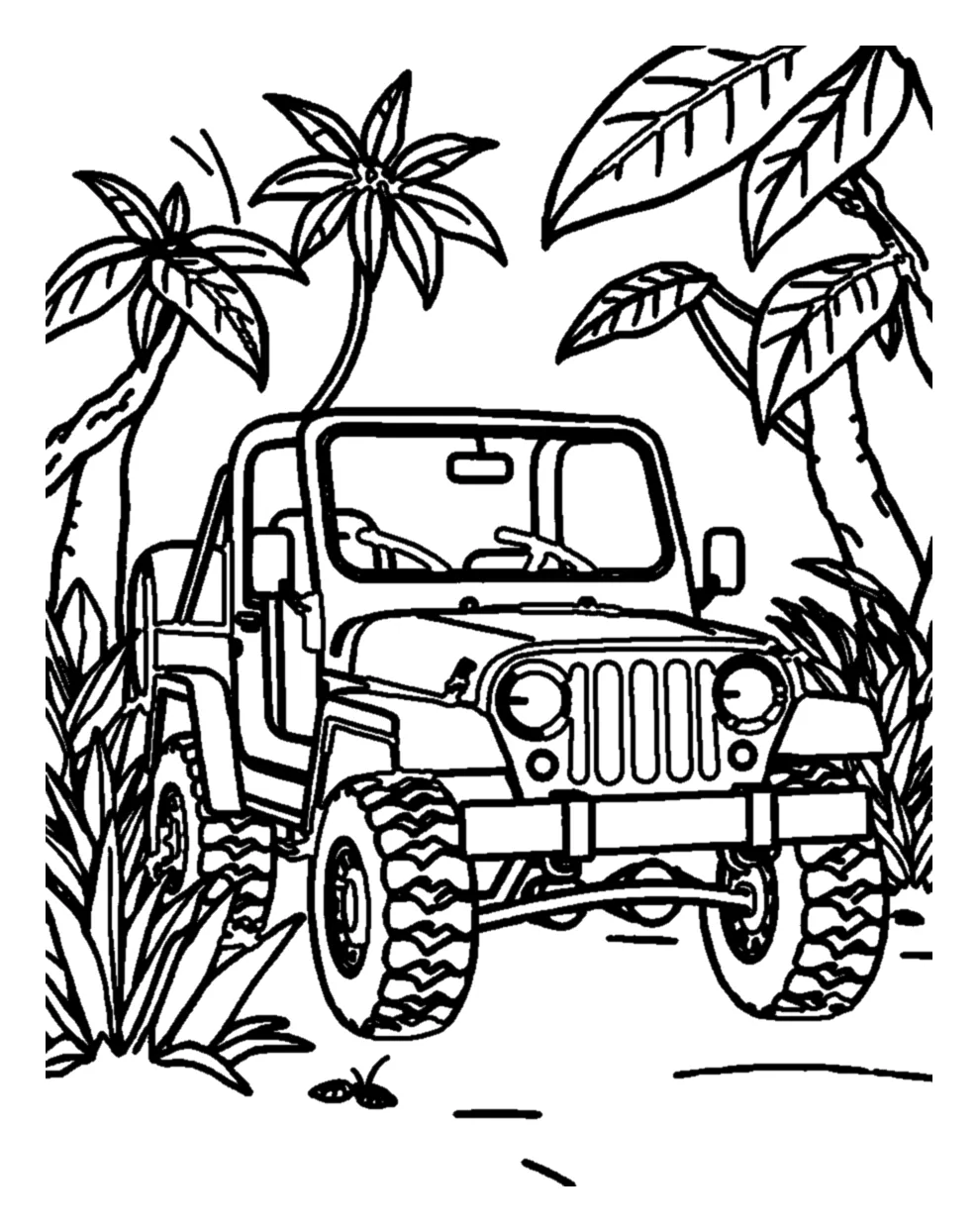 Jeep Todoterreno Descapotable en la Selva para colorear e imprimir Jeep Todoterreno Descapotable en la Selva para colorear - Coches: el jeep avanza de frente por un camino de tierra entre plantas tropicales