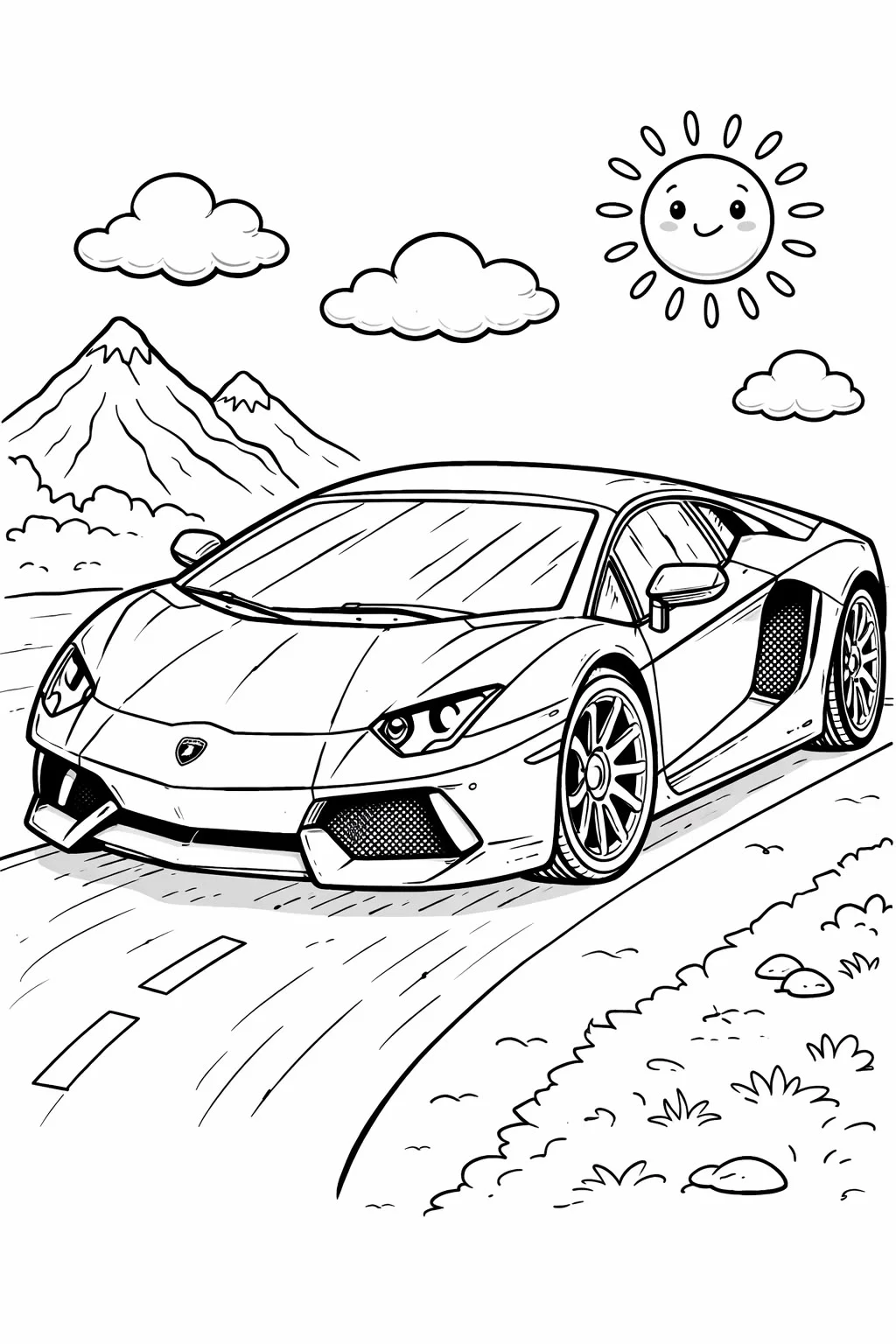 Lamborghini en la Carretera con Sol para colorear e imprimir Dibujo de Lamborghini en la Carretera con Sol de Coches para colorear