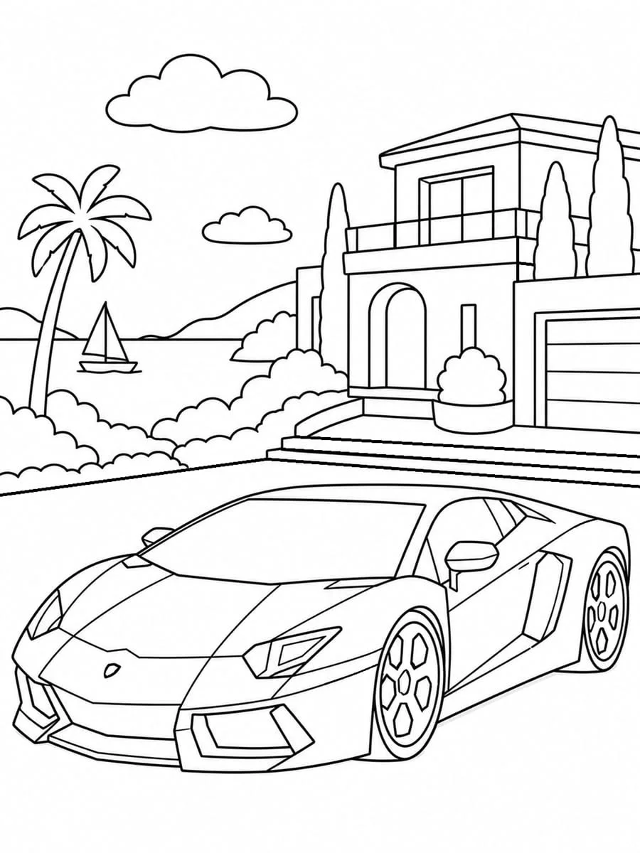 Lamborghini frente a la Mansión para colorear e imprimir Dibujo de Lamborghini frente a la Mansión de Coches para colorear