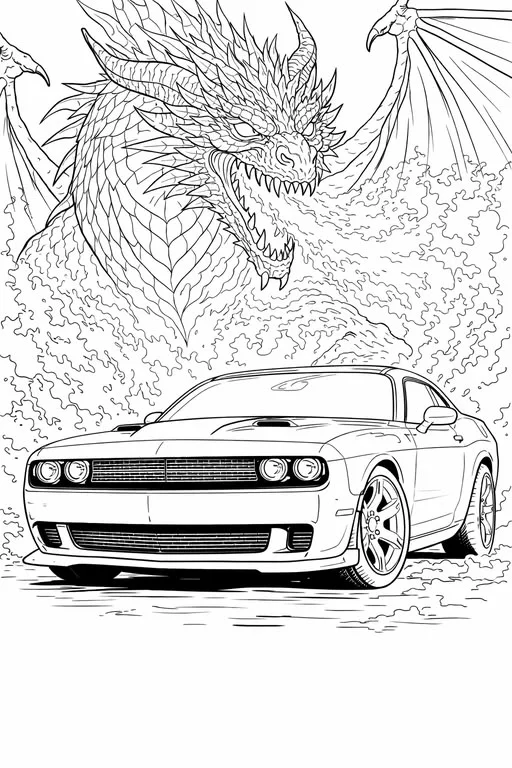 Muscle Car y Dragón para colorear e imprimir Dibujo de Muscle Car y Dragón de Coches para colorear