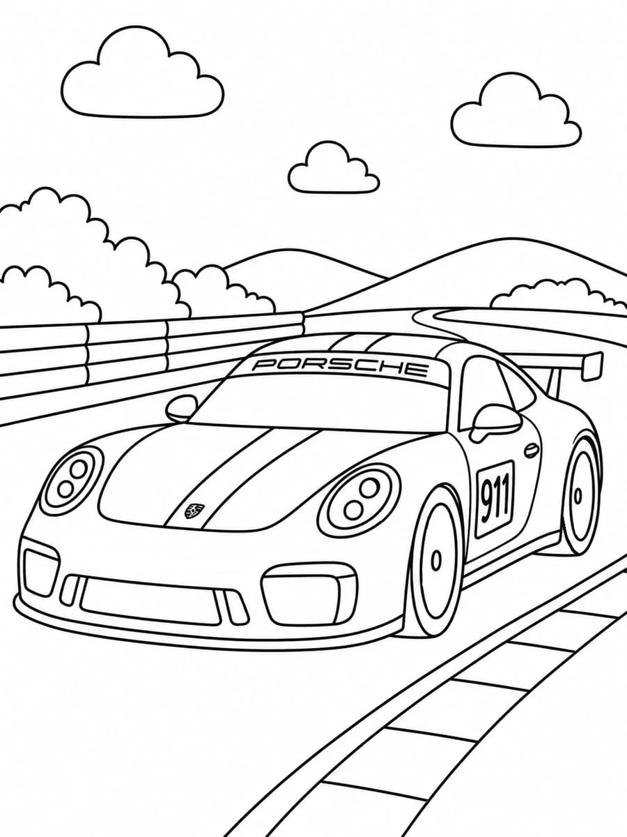 Porsche 911 en el Circuito para colorear e imprimir Dibujo de Porsche 911 en el Circuito de Coches para colorear