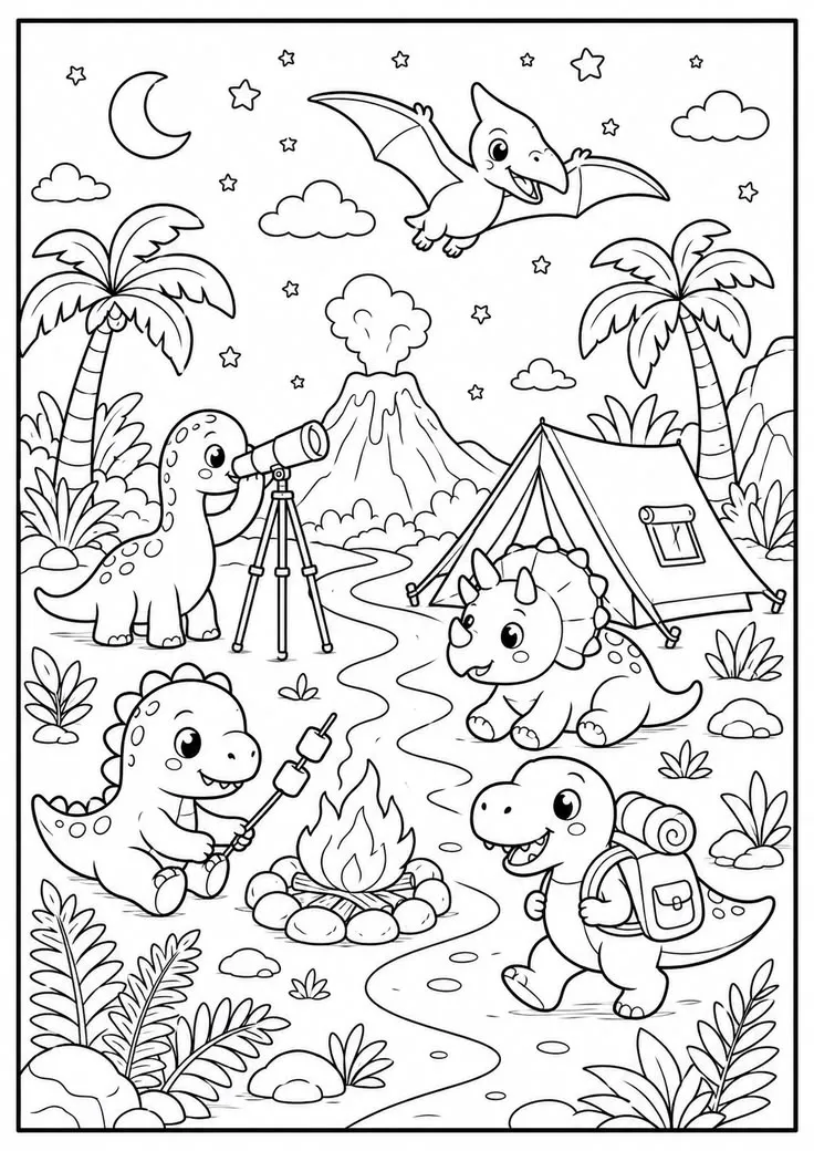 Haz clic para descargar dibujo de Dinosaurios de Camping con Telescopio para colorear e imprimir gratis Dinosaurios de Camping con Telescopio para colorear HD fácil y bonito - Descarga e imprime gratis - Dibujo exclusivo de Dinosaurios