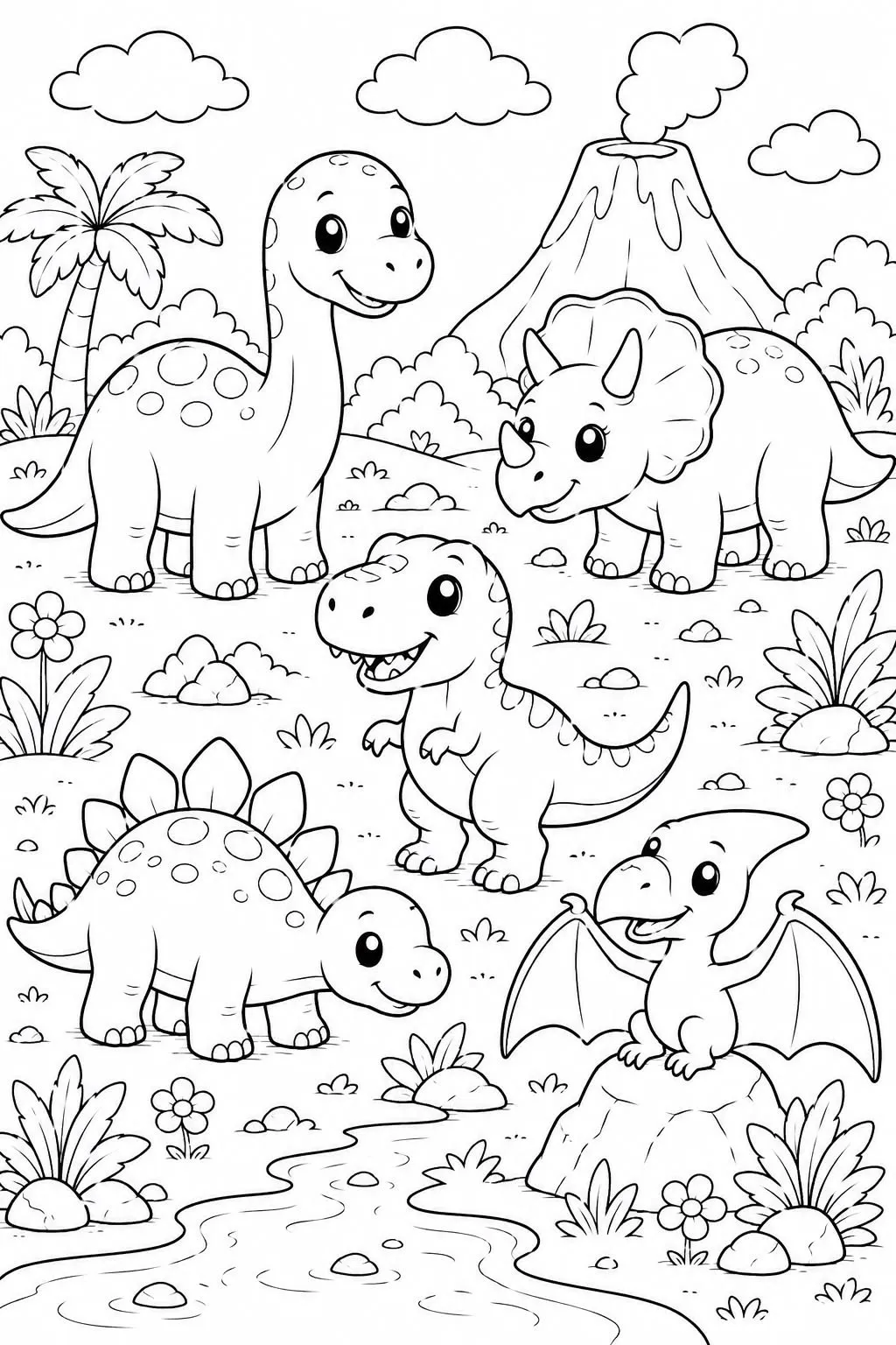 Haz clic para descargar dibujo de Dinosaurios Kawaii junto al Río con Flores para colorear e imprimir gratis Dinosaurios Kawaii junto al Río con Flores para colorear HD fácil y bonito - Descarga e imprime gratis - Dibujo exclusivo de Dinosaurios