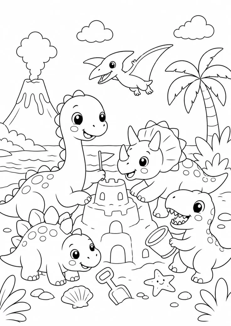 Haz clic para descargar dibujo de Dinosaurios en la Playa con Castillo de Arena para colorear e imprimir gratis Dinosaurios en la Playa con Castillo de Arena para colorear HD fácil y bonito - Descarga e imprime gratis - Dibujo exclusivo de Dinosaurios