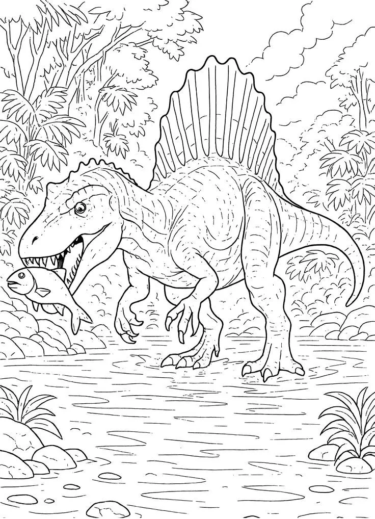 Haz clic para descargar dibujo de Espinosaurio Pescando en el Río para colorear e imprimir gratis Espinosaurio Pescando en el Río para colorear HD fácil y bonito - Descarga e imprime gratis - Dibujo exclusivo de Dinosaurios