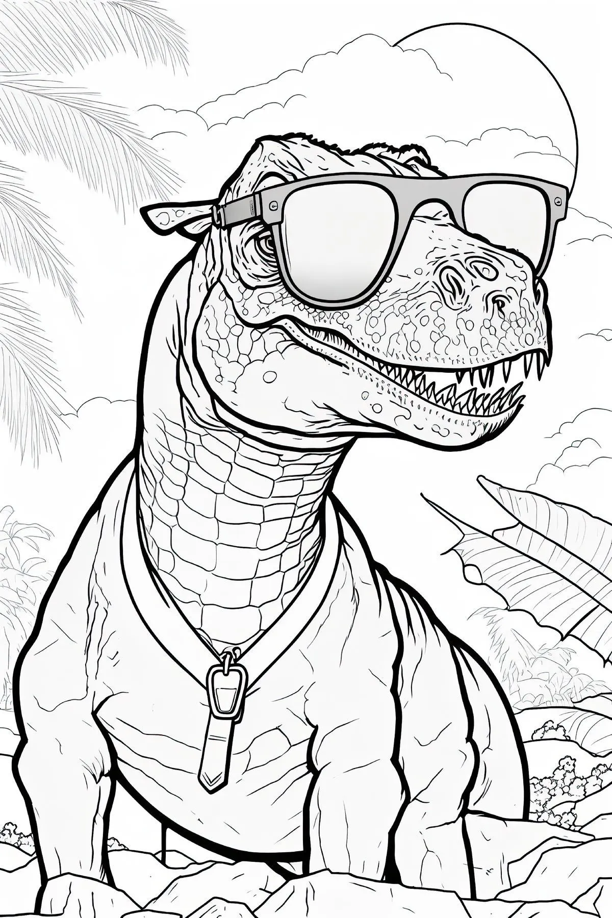 Haz clic para descargar dibujo de T-Rex con Gafas de Sol en la Selva para colorear e imprimir gratis T-Rex con Gafas de Sol en la Selva para colorear HD fácil y bonito - Descarga e imprime gratis - Dibujo exclusivo de Dinosaurios