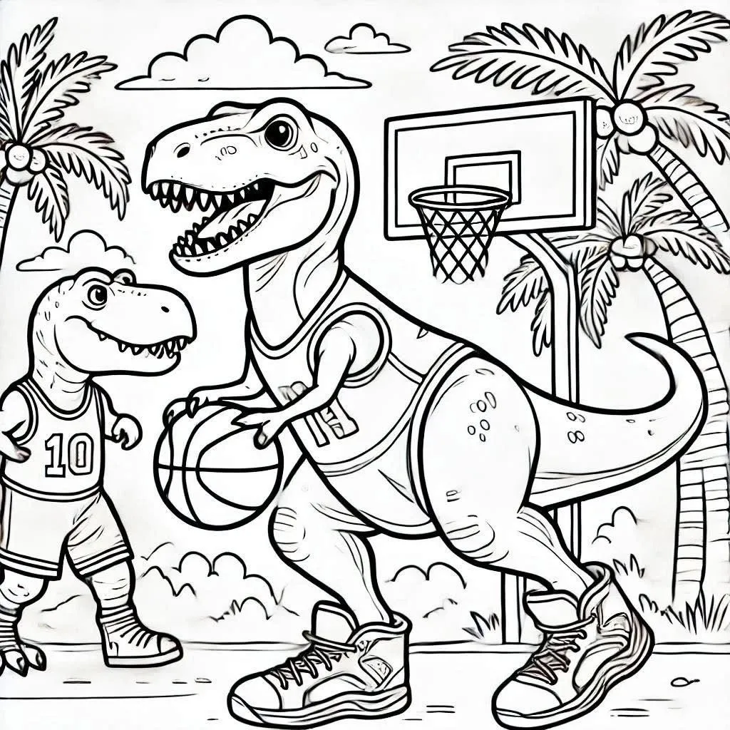 Haz clic para descargar dibujo de T-Rex Jugando al Baloncesto para colorear e imprimir gratis T-Rex Jugando al Baloncesto para colorear HD fácil y bonito - Descarga e imprime gratis - Dibujo exclusivo de Dinosaurios