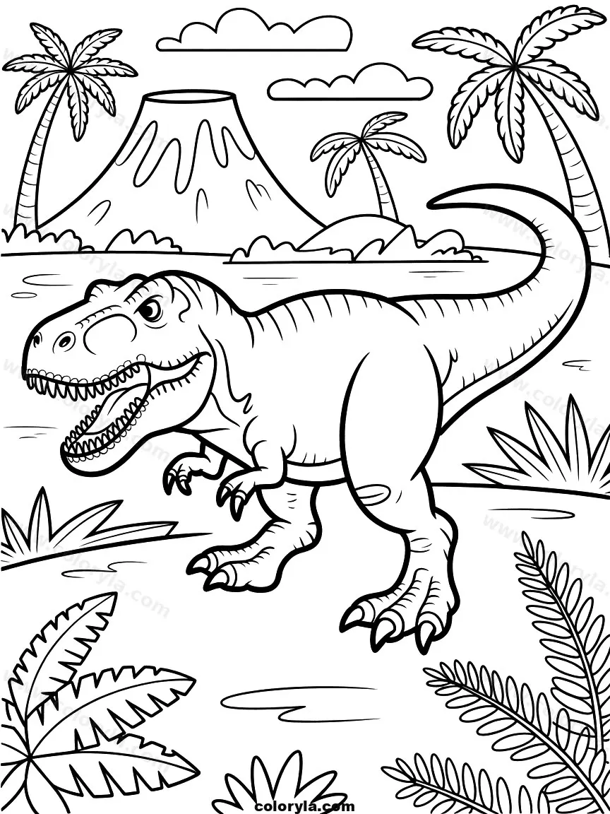 Haz clic para descargar dibujo de T-Rex en Selva con Volcán y Palmeras para colorear e imprimir gratis T-Rex en Selva con Volcán y Palmeras para colorear HD fácil y bonito - Descarga e imprime gratis - Dibujo exclusivo de Dinosaurios