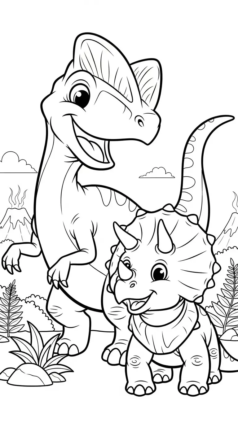 Haz clic para descargar dibujo de T-Rex y Triceratops Bebés con Volcanes para colorear e imprimir gratis T-Rex y Triceratops Bebés con Volcanes para colorear HD fácil y bonito - Descarga e imprime gratis - Dibujo exclusivo de Dinosaurios