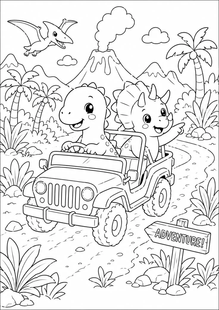 Haz clic para descargar dibujo de T-Rex y Triceratops en Jeep de Aventura para colorear e imprimir gratis T-Rex y Triceratops en Jeep de Aventura para colorear HD fácil y bonito - Descarga e imprime gratis - Dibujo exclusivo de Dinosaurios