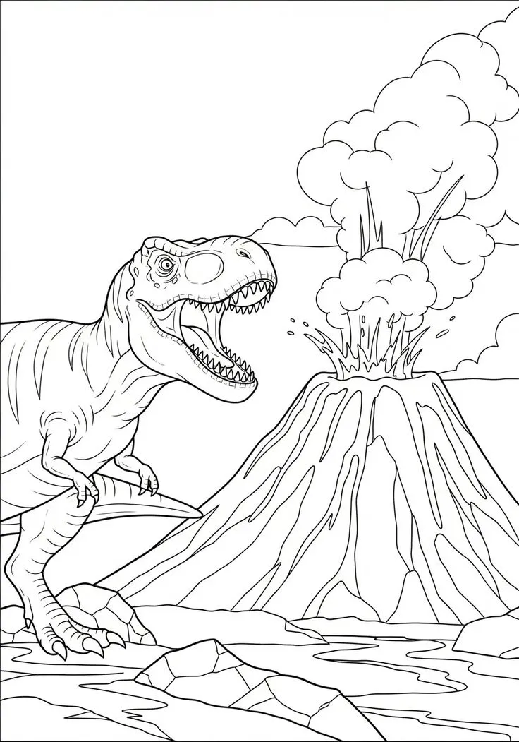 Haz clic para descargar dibujo de T-Rex junto a Volcán en Erupción para colorear e imprimir gratis T-Rex junto a Volcán en Erupción para colorear HD fácil y bonito - Descarga e imprime gratis - Dibujo exclusivo de Dinosaurios