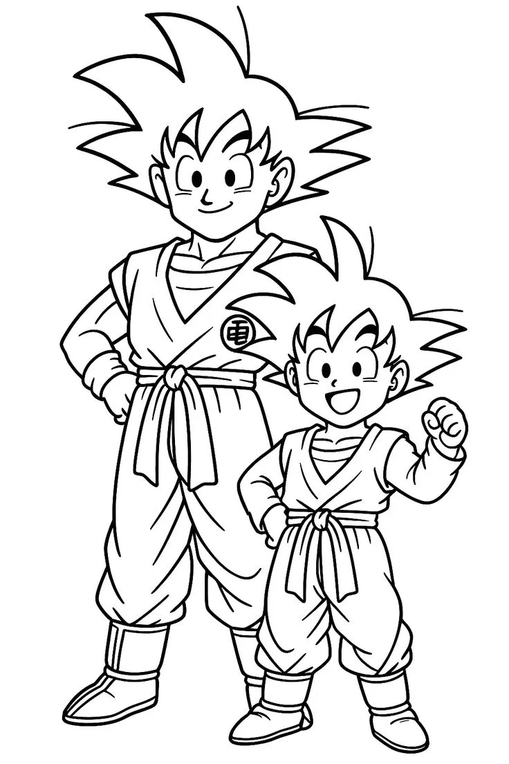 Ver dibujo completo de Gohan y Goten para colorear Dibujo de Gohan y Goten para colorear e imprimir gratis - Plantilla en alta calidad