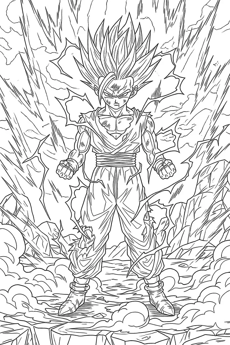 Ver dibujo completo de Gohan Super Saiyan 2 para colorear Dibujo de Gohan Super Saiyan 2 para colorear e imprimir gratis - Plantilla en alta calidad