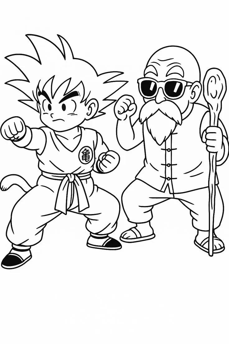 Ver dibujo completo de Goku y Maestro Roshi para colorear Dibujo de Goku y Maestro Roshi para colorear e imprimir gratis - Plantilla en alta calidad