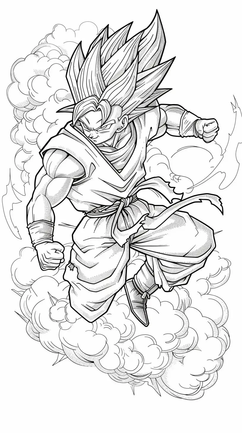 Ver dibujo completo de Goku SSJ Volando para colorear Dibujo de Goku SSJ Volando para colorear e imprimir gratis - Plantilla en alta calidad