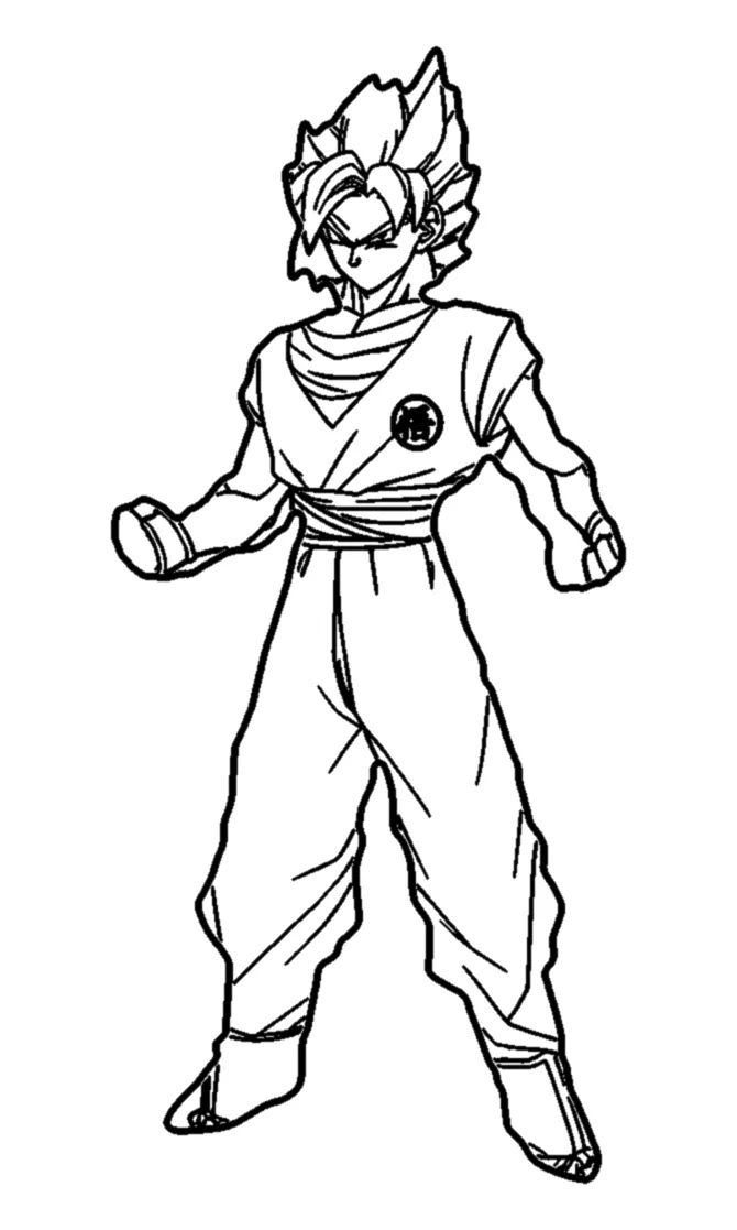 Goku Super Saiyan de Cuerpo Entero con los Puños Apretados para colorear e imprimir Goku Super Saiyan de Cuerpo Entero con los Puños Apretados para colorear - Dragon Ball: Goku está de pie y de cuerpo entero, con las piernas separadas y los brazos algo abiertos, apretando los dos puños como si estuviera concentrando su energía